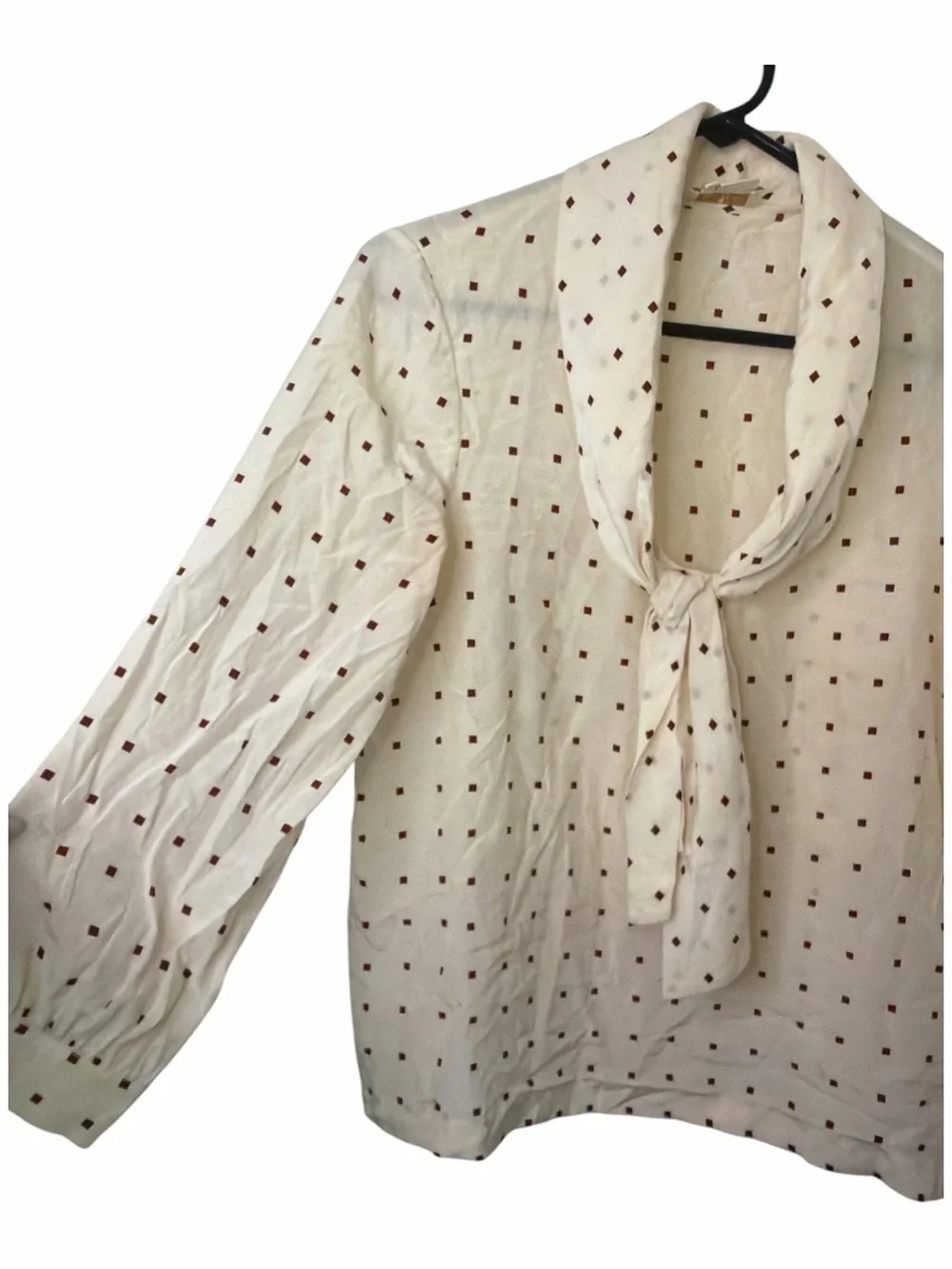 kate spade Silk Cream Tie-Neck Blouse with Burgundy Square Print